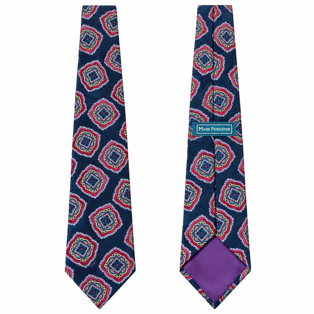 Mark Pendleton Men's 100% Silk Necktie Navy Geometric Medallion Red Gold Blue